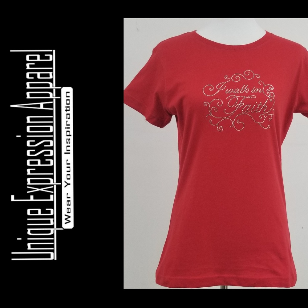 5⭐ "I Walk in Faith" dressy red graphic tee